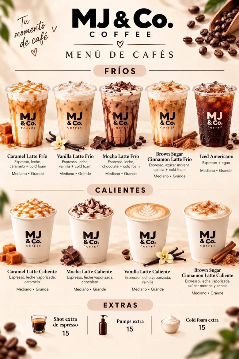 Menú de MJ & Co. Coffee: cafés fríos y calientes, extras de espresso, pumps y cold foam